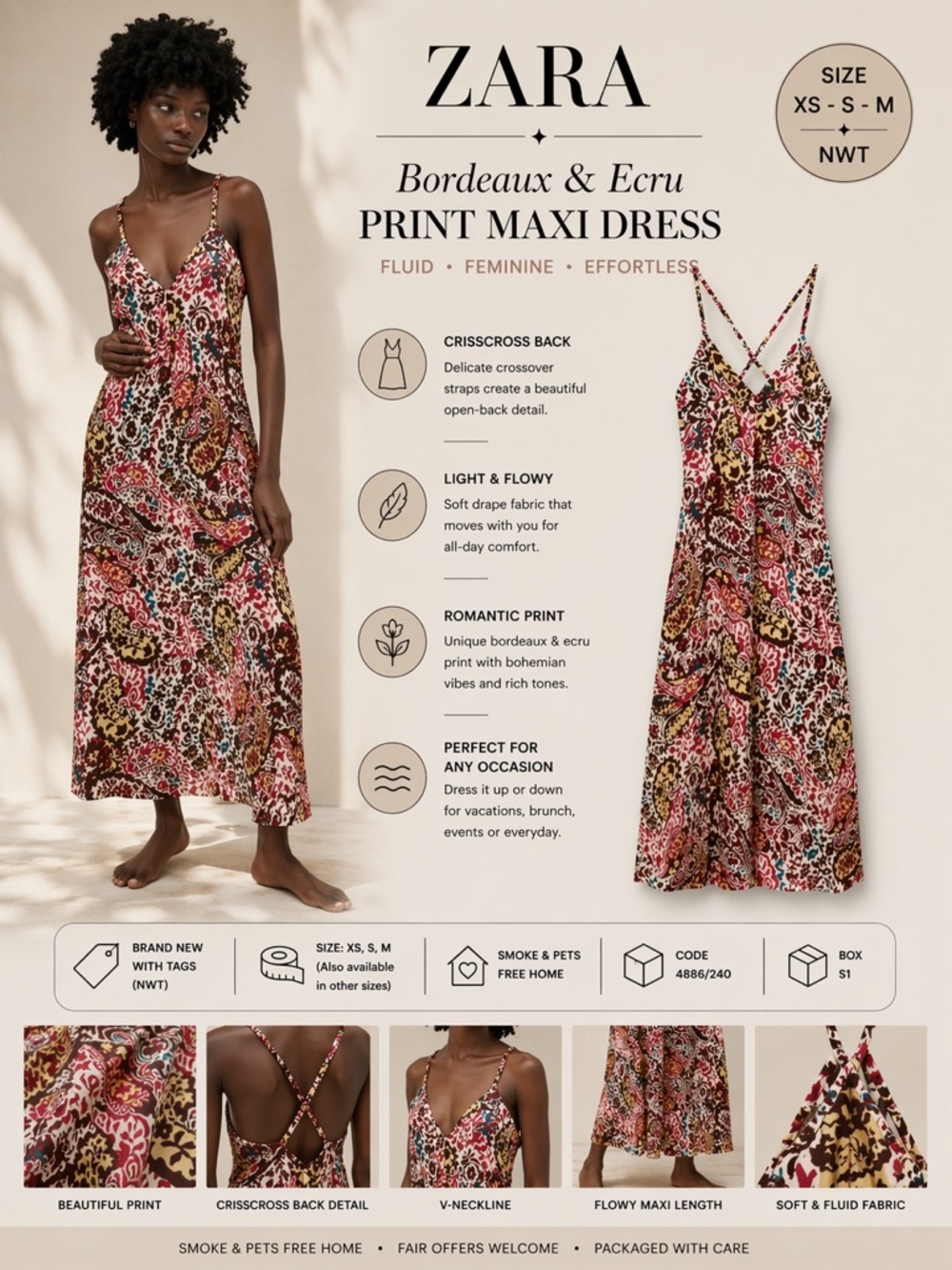 ZARA Bordeaux & Cream Print Maxi Dress NWT Sizes XS, S & M